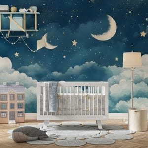 Watercolor Starry Night Wallpaper, Nursery Cloudy Sky Wall Mural, Peel and Stick Crescent Moon and Stars Kids Decor