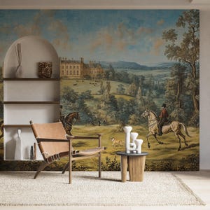 Papel tapiz panorámico vintage con un castillo francés antiguo y jinetes, mural de pared con pintura antigua rural