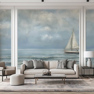 Sailboat Wall Mural, Soft Blue Watercolor Sea Wallpaper, Peel and Stick Boat at Sea Mural, Cloudy Ocean Wall Decor, White Sailboat Removable image 4