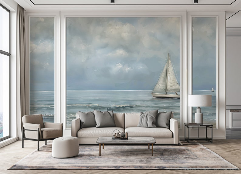 Sailboat Wall Mural, Soft Blue Watercolor Sea Wallpaper, Peel and Stick Boat at Sea Mural, Cloudy Ocean Wall Decor, White Sailboat Removable image 4