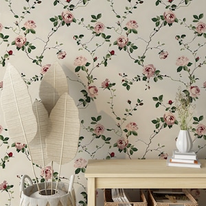 Carta da parati con rose rosa tenui, decorazione murale botanica beige stacca e incolla, carta da parati floreale vintage rimovibile con fiori e foglie