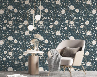 White Floral Wallpaper, Watercolor Flowers on Blue, Peel and Stick