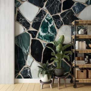 Green Black and White Marble Tiles Mural, Accent Wall Luxury Stone Mosaic Wallpaper, Peel and Stick Bathroom Marble Art