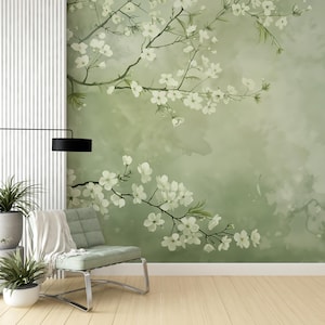 Soft Green Venetian Plaster Wall Mural, Minimalist Cherry Blossom Branches Wallpaper, Peel and Stick Botanical Wall Decor