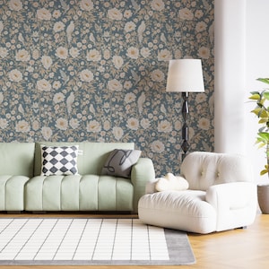 Watercolor Baby Blue Chinoiserie Wallpaper, Elegant Oriental Floral Wall Mural, Classic Chinoiserie Design, Peel and Stick Wallpaper