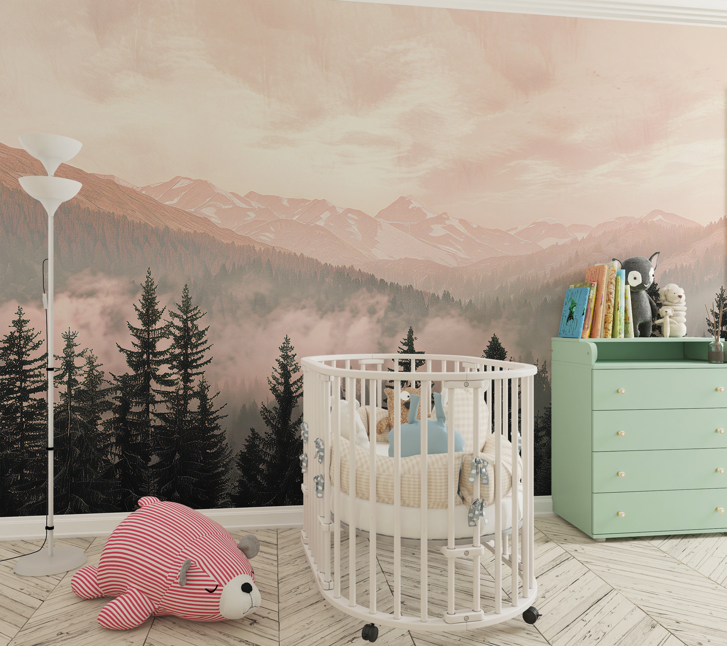 Pink Mountain Landscape Wallpaper, Pine Forest Wall Mural, Nursery ...
