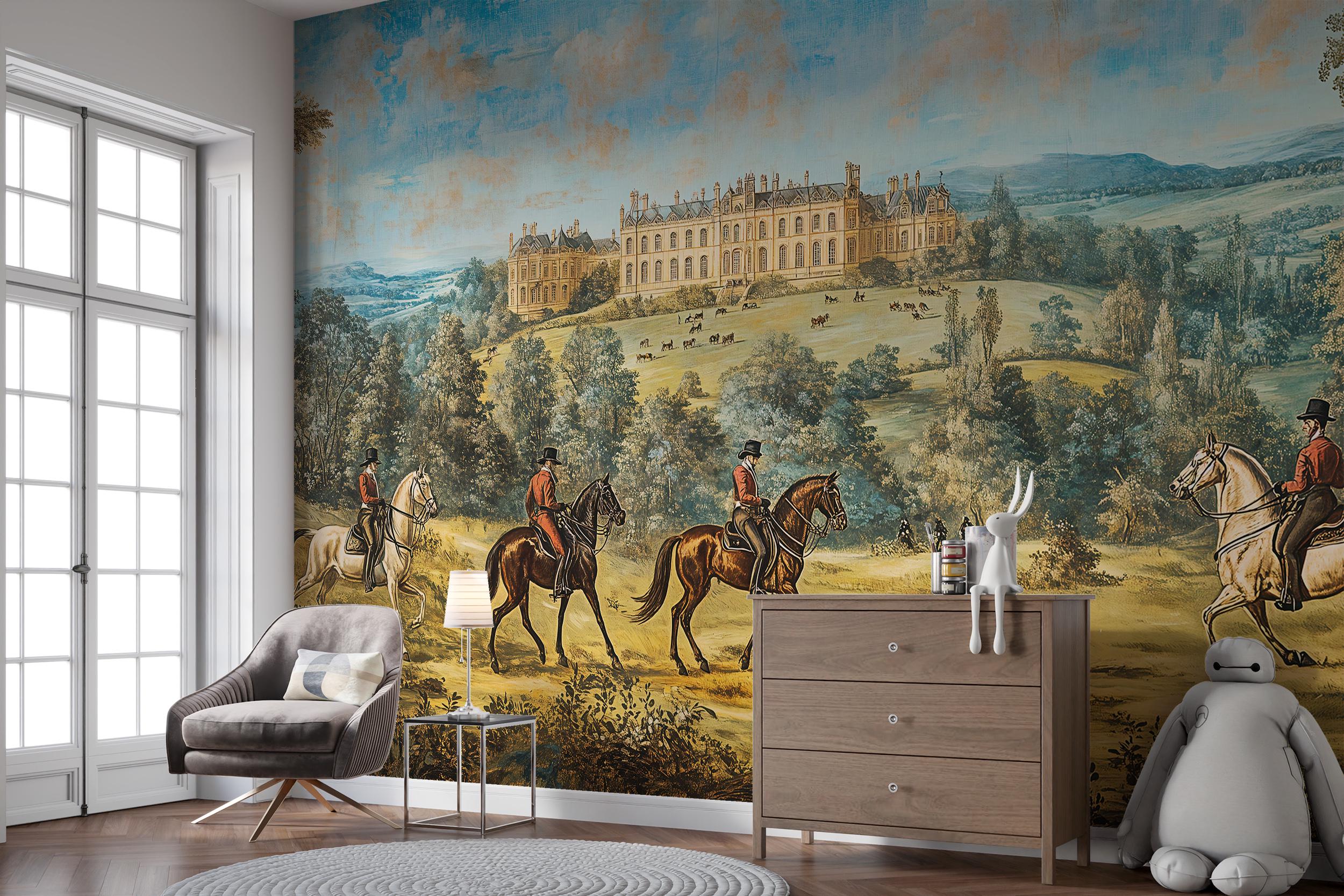 ヴィンテージフランスの城の壁紙壁画、風景の馬乗り、アンティーク絵画