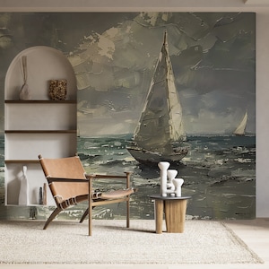 Sailboat Oil Painting Wallpaper, Dark Ocean Wall Mural, Palette Knife Style Sea Wallpaper, Peel and Stick White Boats, Nautical Wall Art