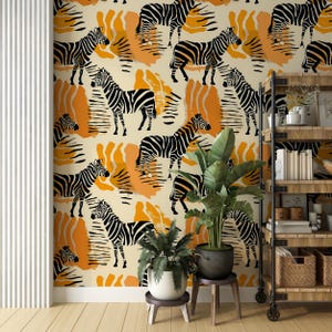 Zebra Print Wallpaper, Orange Safari Wallpaper, Abstract Modern Exotic Wall Decor, Peel and Stick Removable Animal Pattern Wallpaper