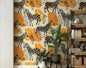 Zebra Print Wallpaper, Orange Safari Wallpaper, Abstract Modern Exotic Wall Decor, Peel and Stick Removable Animal Pattern Wallpaper