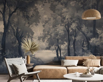 May include: A living room interior design with a large wall mural depicting a blue and gray watercolor painting of a forest scene with a river. The room features a brown leather sectional sofa, a woven wicker pendant light, a wooden chair, and a round coffee table.