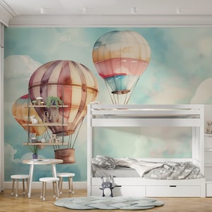 Nursery Hot Air Balloons Mural, Watercolor Sky Wallpaper, Peel and Stick Hot Air Balloons Wall Decor, Soft Clouds Kids Wallpaper