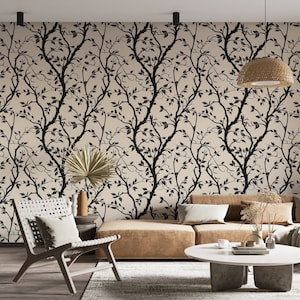 Leaves and Branches Wallpaper, Beige and Black Botanical Wallpaper, Peel and Stick Tree Branches, Removable Gothic Wallpaper