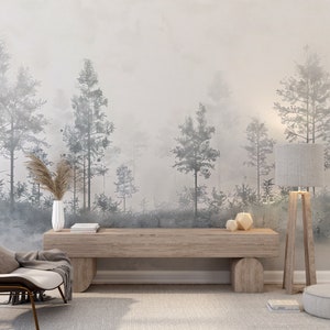Murale con alberi monocromatici senza tempo, carta da parati vintage con paesaggio forestale bianco e grigio, decorazione murale rimovibile con buccia e bastone, murale minimalista