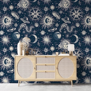 Celestial Wallpaper, Dark Blue Astrology Symbols Wallpaper, Planets Sun Moon Stars Wallpaper, Peel and Stick Space Wall Decor