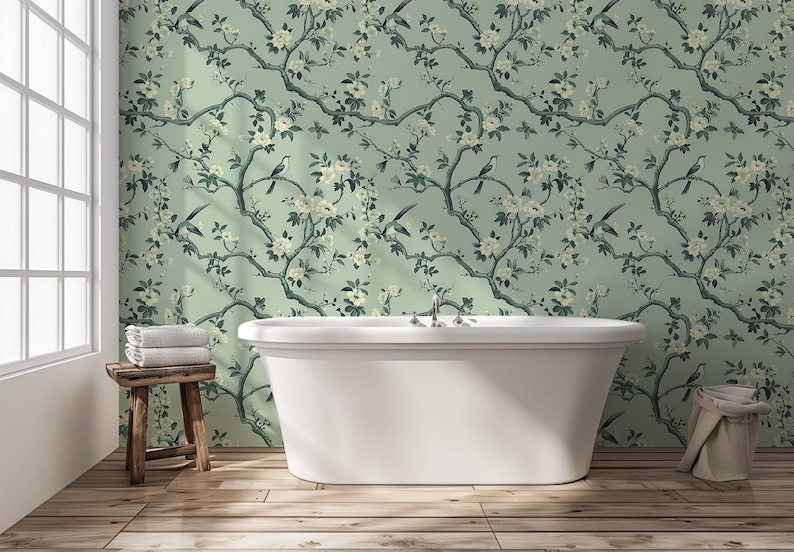 Soft green chinoiserie wallpaper
Classic floral wallpaper peel and stick