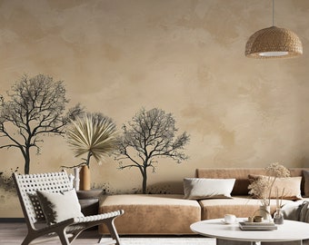 Bomen op beige achtergrond muurschildering, beige decoratief gips behang, abstracte natuur muur sticker, minimalistische bomen getextureerde muurschildering