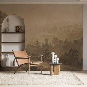 Carta da parati panoramica beige, murale di paesaggio vecchio stile, murale di alberi vintage con buccia e bastone, carta da parati naturale color seppia, paesaggio rustico rimovibile