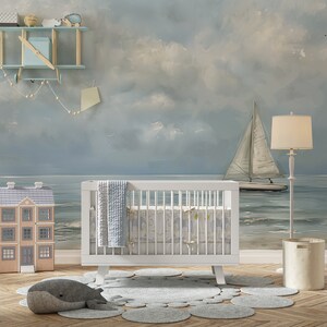Sailboat Wall Mural, Soft Blue Watercolor Sea Wallpaper, Peel and Stick Boat at Sea Mural, Cloudy Ocean Wall Decor, White Sailboat Removable image 5