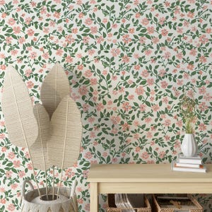 Small Flowers and Leaves Pattern Wallpaper, Watercolor Floral Wallpaper in Pastel Colors, Pink and Green Botanical Wall Decor, Peel & Stick