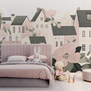 Soft Pink and Beige Houses Nursery Mural, Town in Flowers Wallpaper, Kids Room Removable Accent Wall City Mural