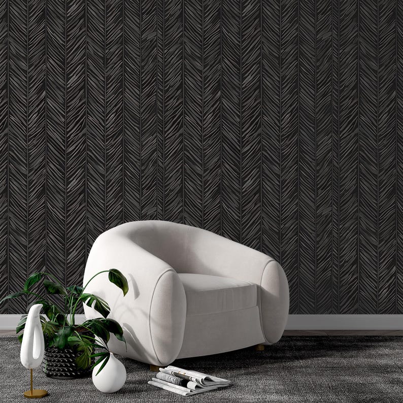 Buy Dark Grey Herringbone Wallpaper, Dark Modern Wallpaper, Peel and