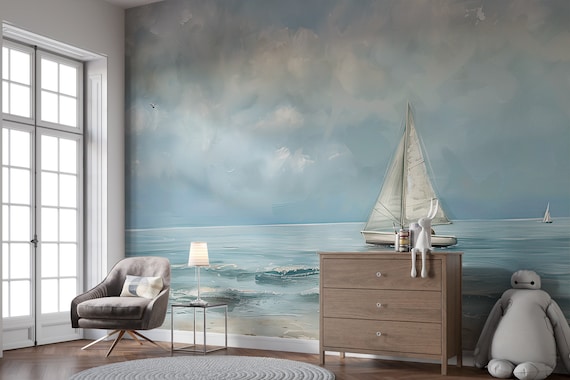 Sailboat Wall Mural, Soft Blue Watercolor Sea Wallpaper, Peel and Stick Boat at Sea Mural, Cloudy Ocean Wall Decor, White Sailboat Removable