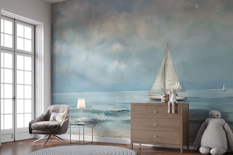 Sailboat Wall Mural, Soft Blue Watercolor Sea Wallpaper, Peel and Stick Boat at Sea Mural, Cloudy Ocean Wall Decor, White Sailboat Removable image 1