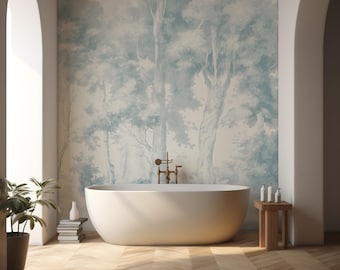 Mural de pared con bosque deslavado en azul apagado, estilo Toil de Jouy, papel tapiz autoadhesivo removible