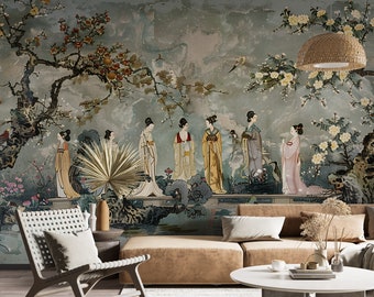 FROM JAPAN　海楼春景色図　絹本　證書付　額装　C　R6950B NAUZHA Light Green Chinoiserie Wallpaper Mural, Vintage Wall