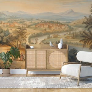 Landscape Old Style Painting Mural, Peel and Stick Vintage Scenic Wallpaper, Removable Rural Wall Decor