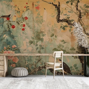 Removable Chinoiserie wallpaper
Rustic birds and flowers mural
