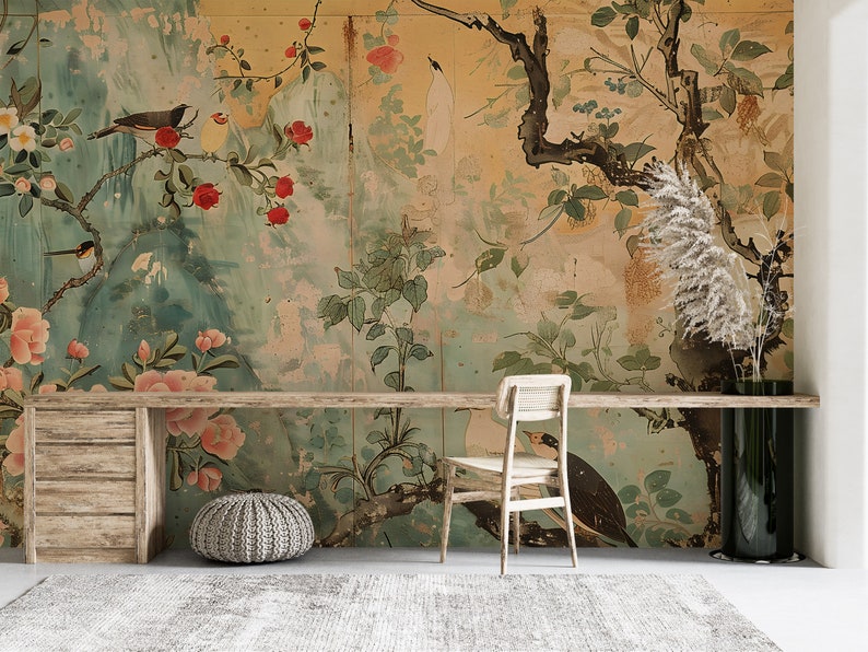 Removable Chinoiserie wallpaper
Rustic birds and flowers mural
