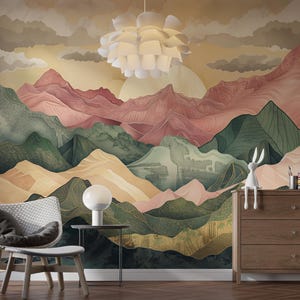 Colorful Mountains Mural, Peel and Stick Abstract Mountain Wallpaper, Removable Landscape Wall Art, PVC-free Nursery Nature Mural