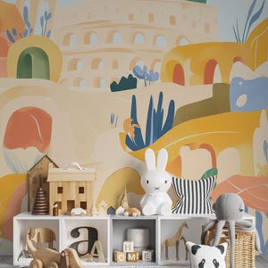 Carta da parati murale con illustrazione di Roma, carta da parati con simboli astratti e colorati della città, murale dell'Italia, carta da parati artistica con città gialla da staccare e attaccare