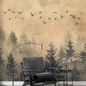 Vintage pine forest peel and stick wallpaper
Foggy forest mural with birds for bedroom