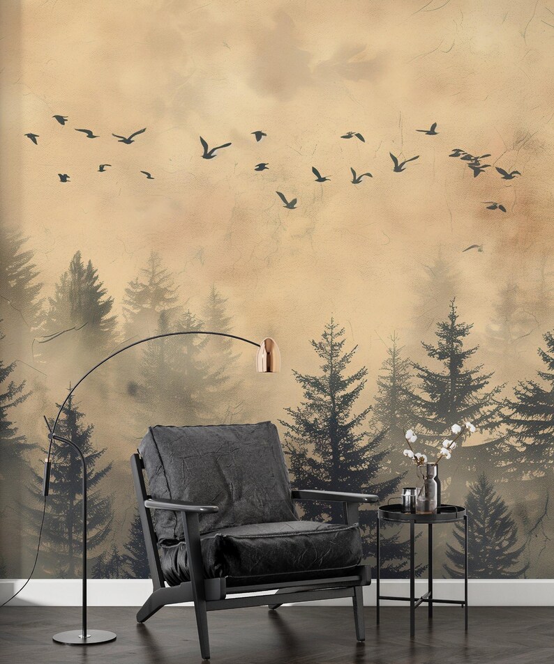 Vintage pine forest peel and stick wallpaper
Foggy forest mural with birds for bedroom