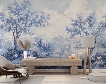 Blue Watercolor Trees Wallpaper, Classic French Style Landscape Mural, Peel and Stick Blue Monochrome Nature, Toile de Jouy Style Wallpaper