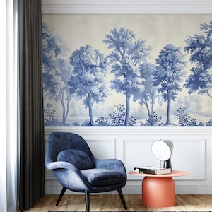 Murale in stile Toile de Jouy, carta da parati con alberi monocromatici blu, murale paesaggistico in stile classico francese, arte degli alberi ad acquerello blu con buccia e bastone