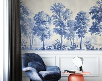 Wandbild im Toile de Jouy-Stil, blaue monochrome Bäume-Tapete, klassisches Landschaftswandbild im französischen Stil, blaue Aquarell-Bäume-Kunst zum Abziehen und Aufkleben