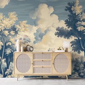 Toile Traditional Wall Mural, Vintage French Landscape Wallpaper, Scenery Mural, Blue Trees Wall Decor, Monochrome Mural