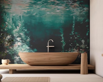 May include: A wooden bathtub with a natural wood finish sits on a wooden platform in a bathroom with a teal and green floral wallpaper. The bathtub has a silver faucet and a single handle.