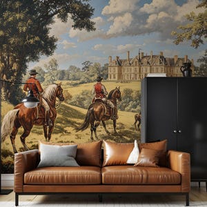 Murale di paesaggio panoramico vintage, carta da parati in stile antico con cavalli e castello, murale da parete staccabile e attaccabile o tradizionale di dimensioni personalizzate