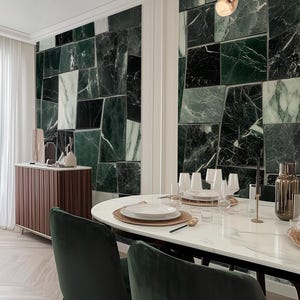 Green and Grey Marble Mural, Marble Tiles Wallpaper, Peel and Stick Stone Patchwork Mural, Marble Shapes Art