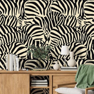 Black and Cream Zebra Print Wallpaper, Abstract Line Art, Safari Wallpaper, Peel and Stick Removable Modern Accent Wall Decor