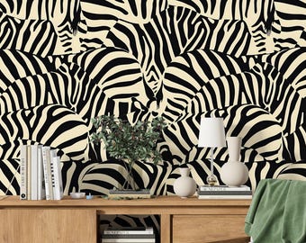 Black and Cream Zebra Print Wallpaper, Abstract Line Art, Safari Wallpaper, Peel and Stick Removable Modern Accent Wall Decor