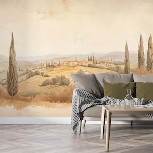 Beige Watercolor Vintage Landscape Mural, House and Trees Retro Scenic Wallpaper, Rustic Field Wall Decor