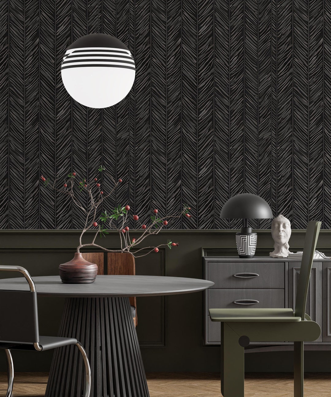 Buy Dark Grey Herringbone Wallpaper, Dark Modern Wallpaper, Peel and