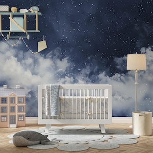 Carta da parati murale con cielo stellato, carta da parati con notte stellata nuvolosa blu e bianca, murale con stelle nel cielo da staccare e attaccare, arte spaziale stellata