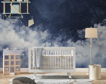 Sternenhimmel Wandbild, Blau-weiße bewölkte Sternennacht Tapete, Sterne im Himmel-Wandbild, Sternenhimmel-Kunst